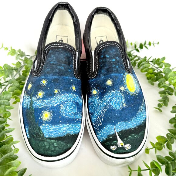 Vans Custom Handpainted Van Gogh Starry Night Slip On Sneakers Men's Size 10 - Picture 1 of 15